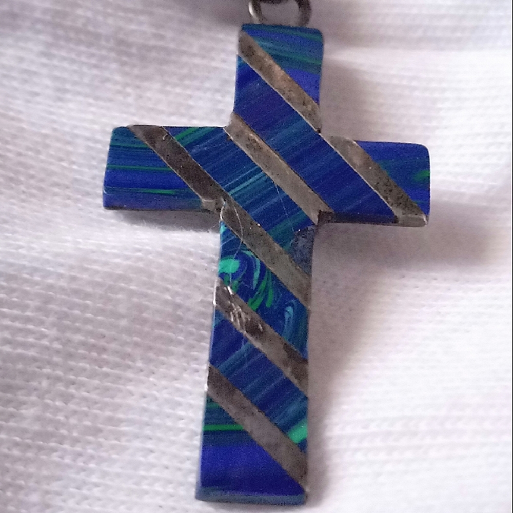 Mexican Silver/Blue Cross Necklace
